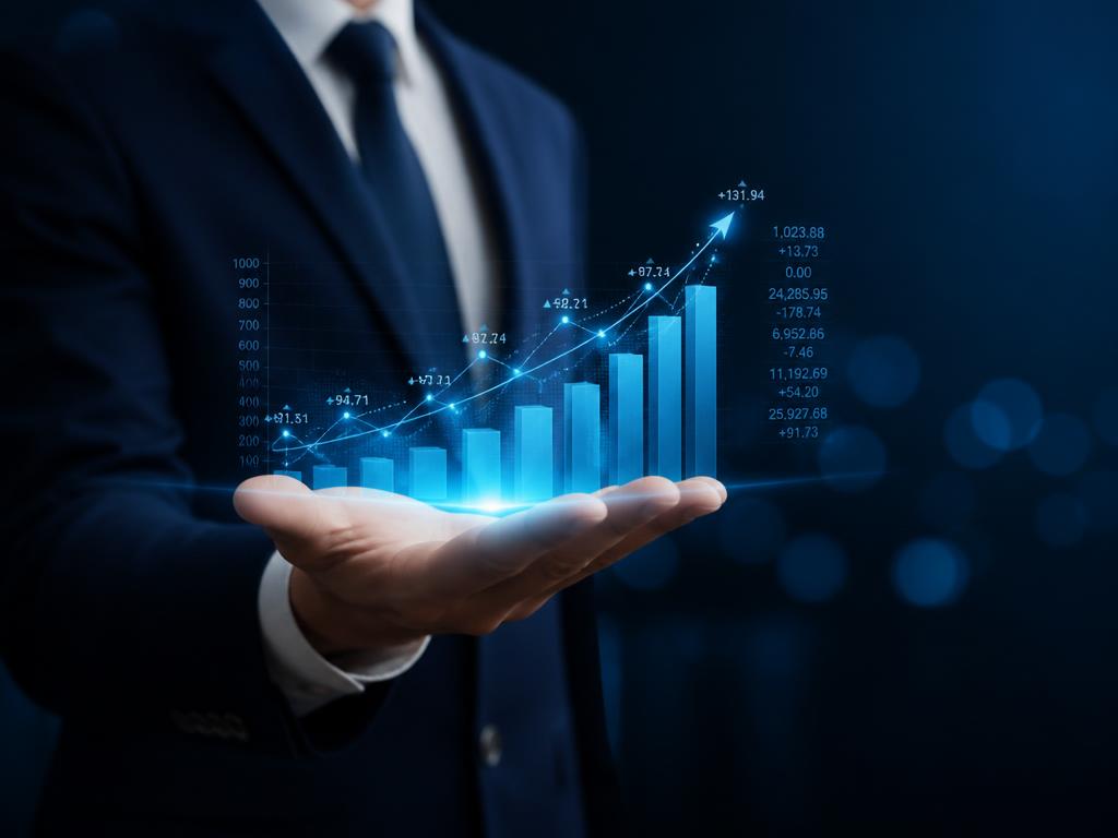 Business professional presenting financial growth data